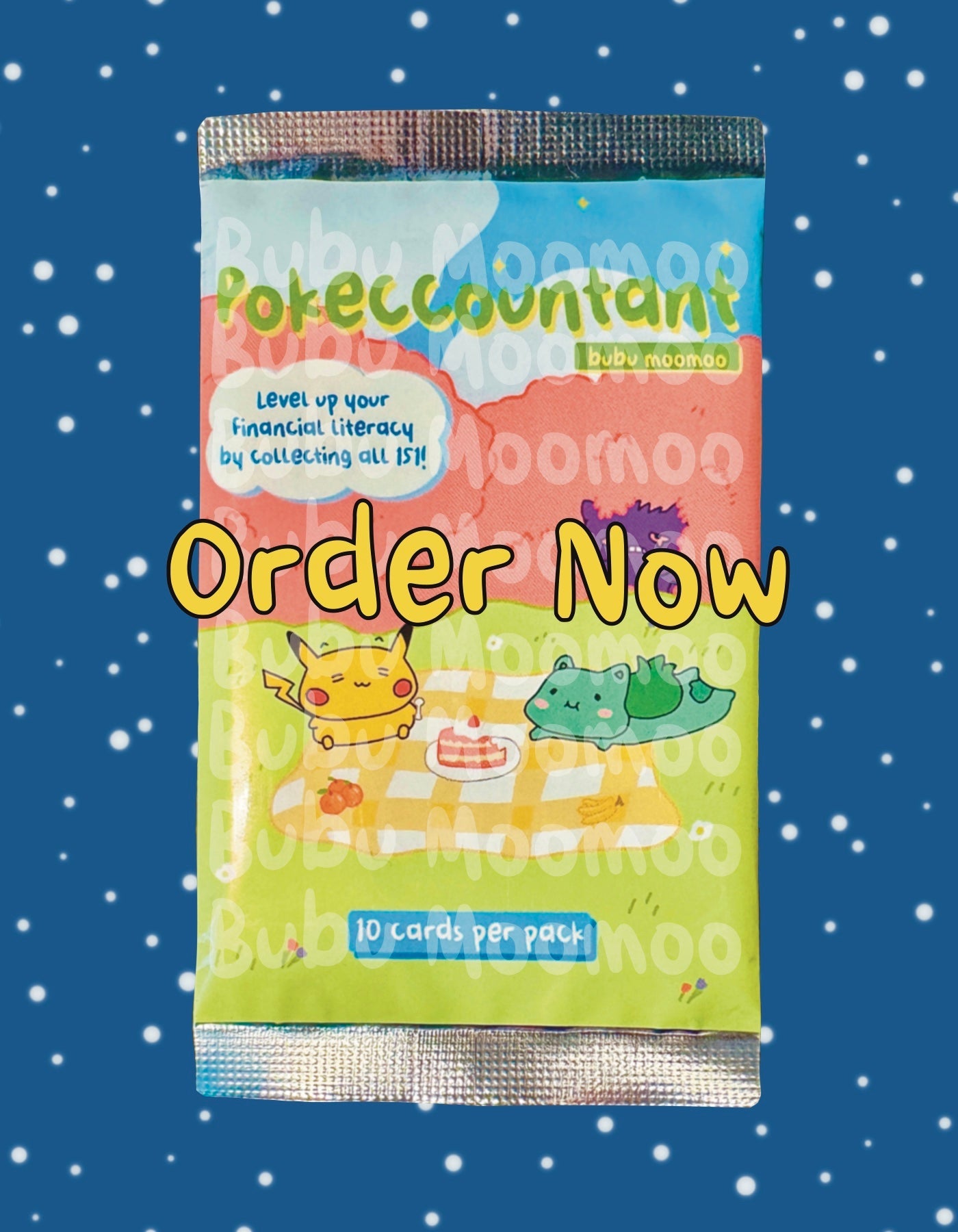 Picture showing the text "Order Now" over an image of a Pokeccountant booster pack.