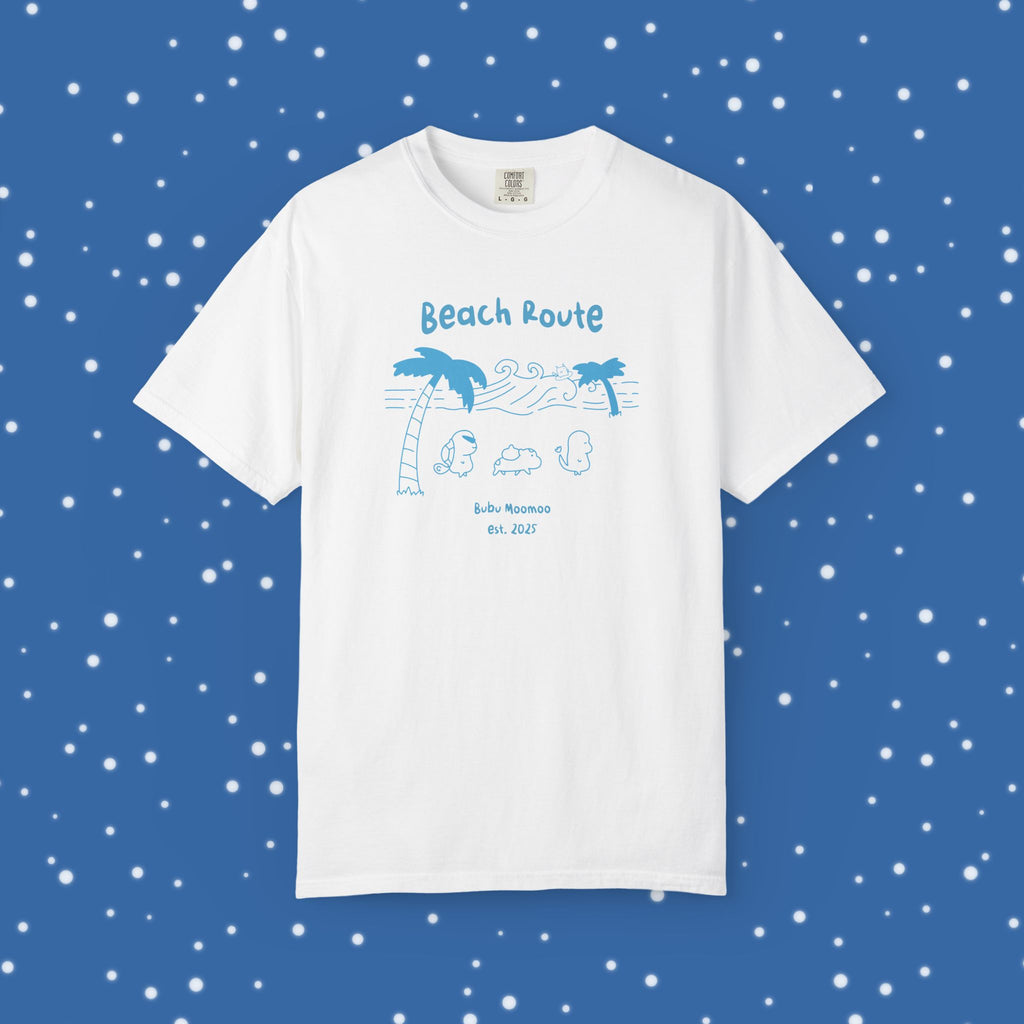 White t-shirt with 'Beach Route' blue graphics and text on a blue background with stars