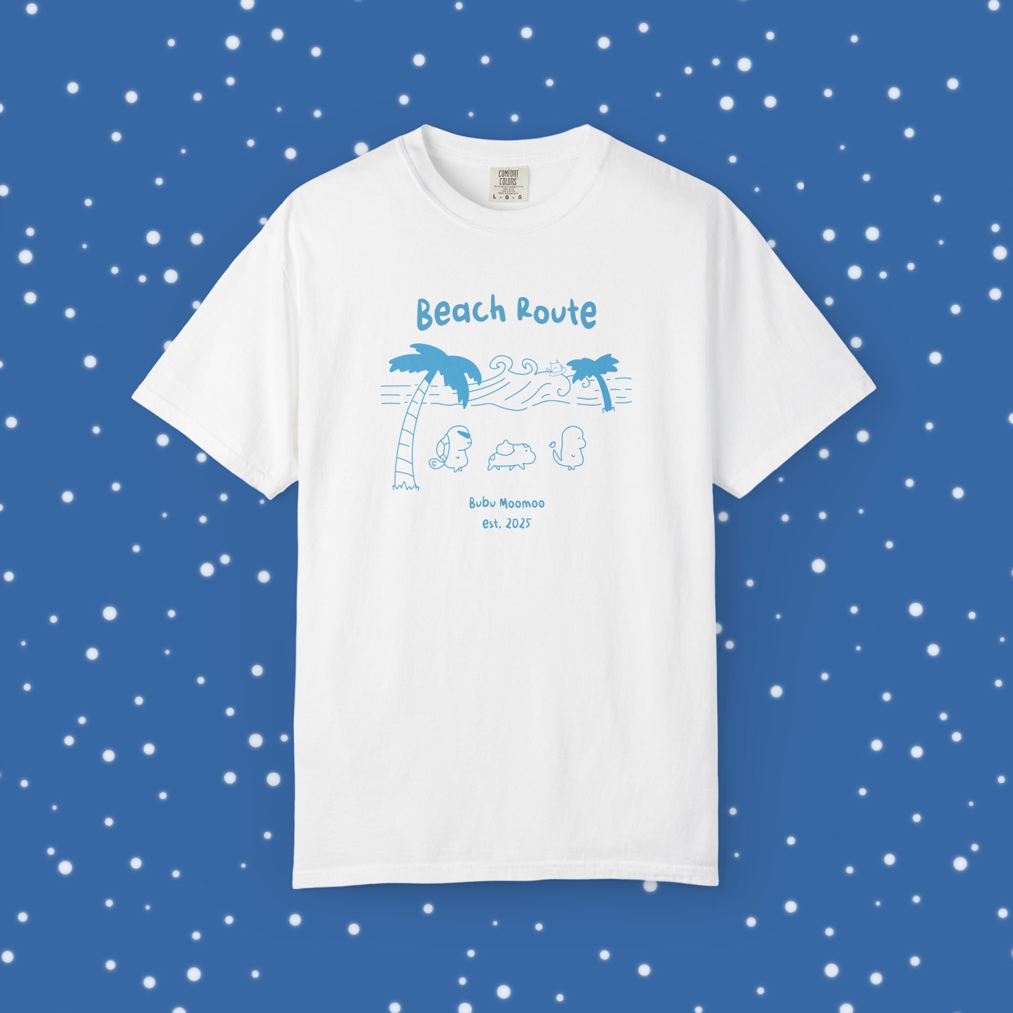 White t-shirt with 'Beach Route' blue graphics and text on a blue background with stars