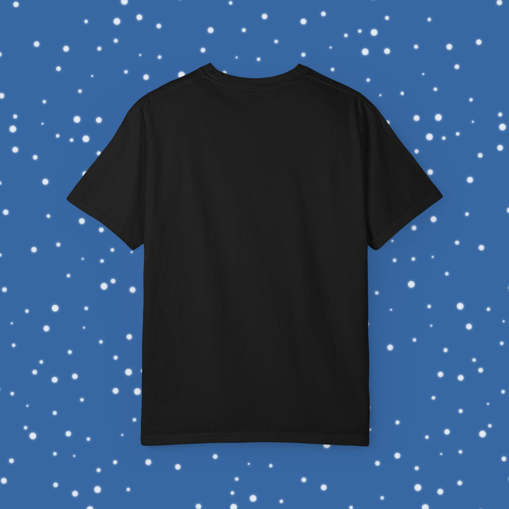 Back of black t-shirt on a blue background with stars
