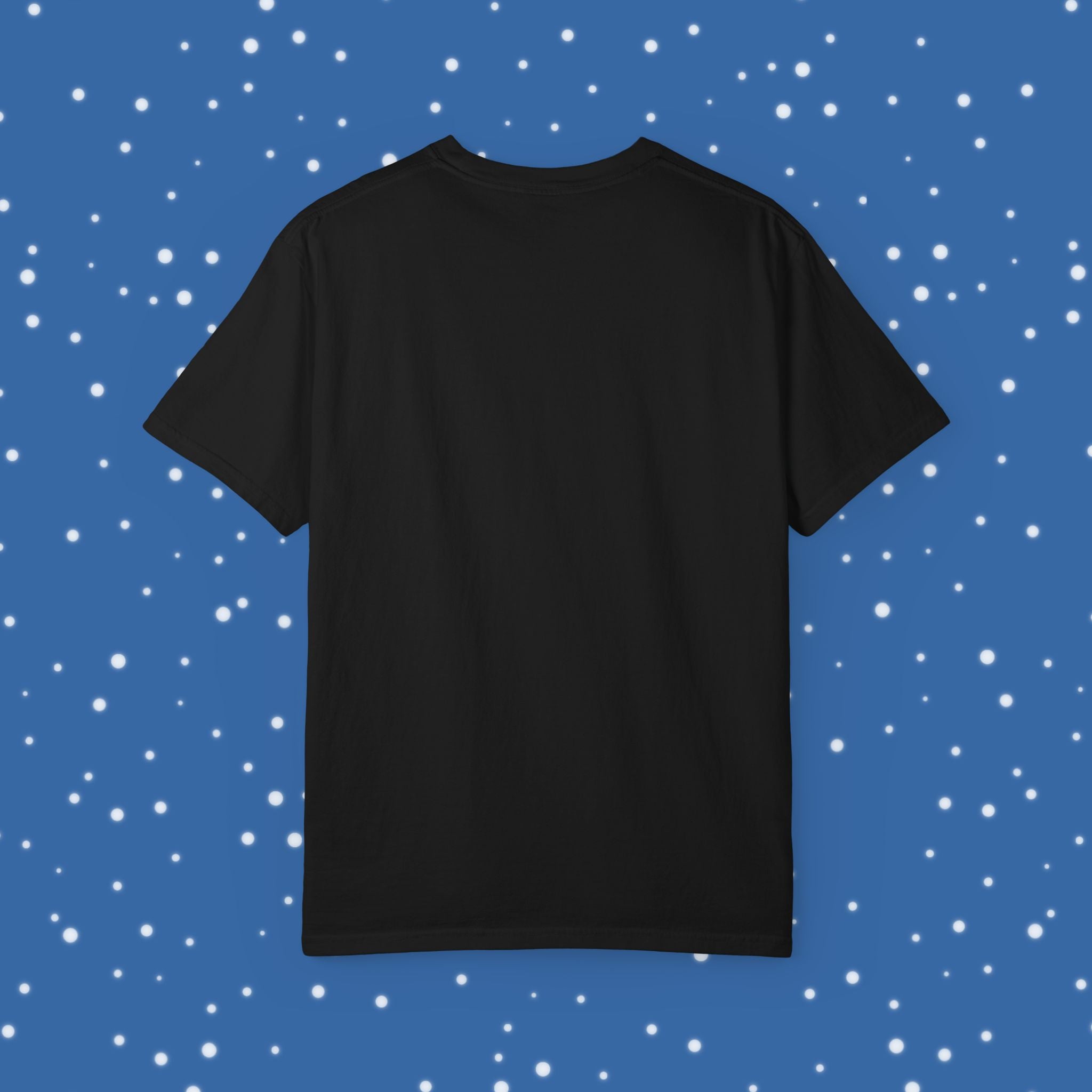 Back of black t-shirt on a blue background with stars