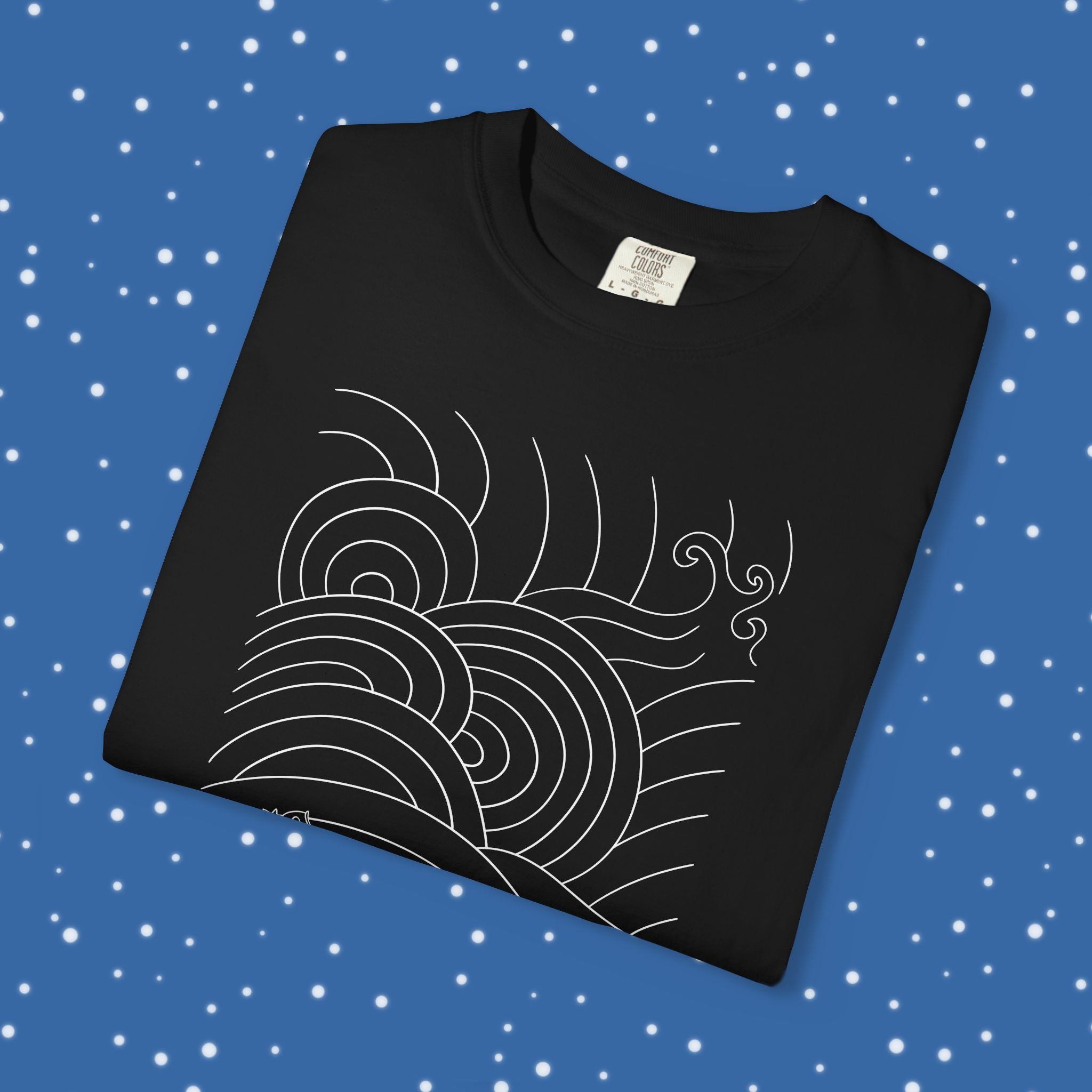 Black t-shirt with white wave design on a blue background