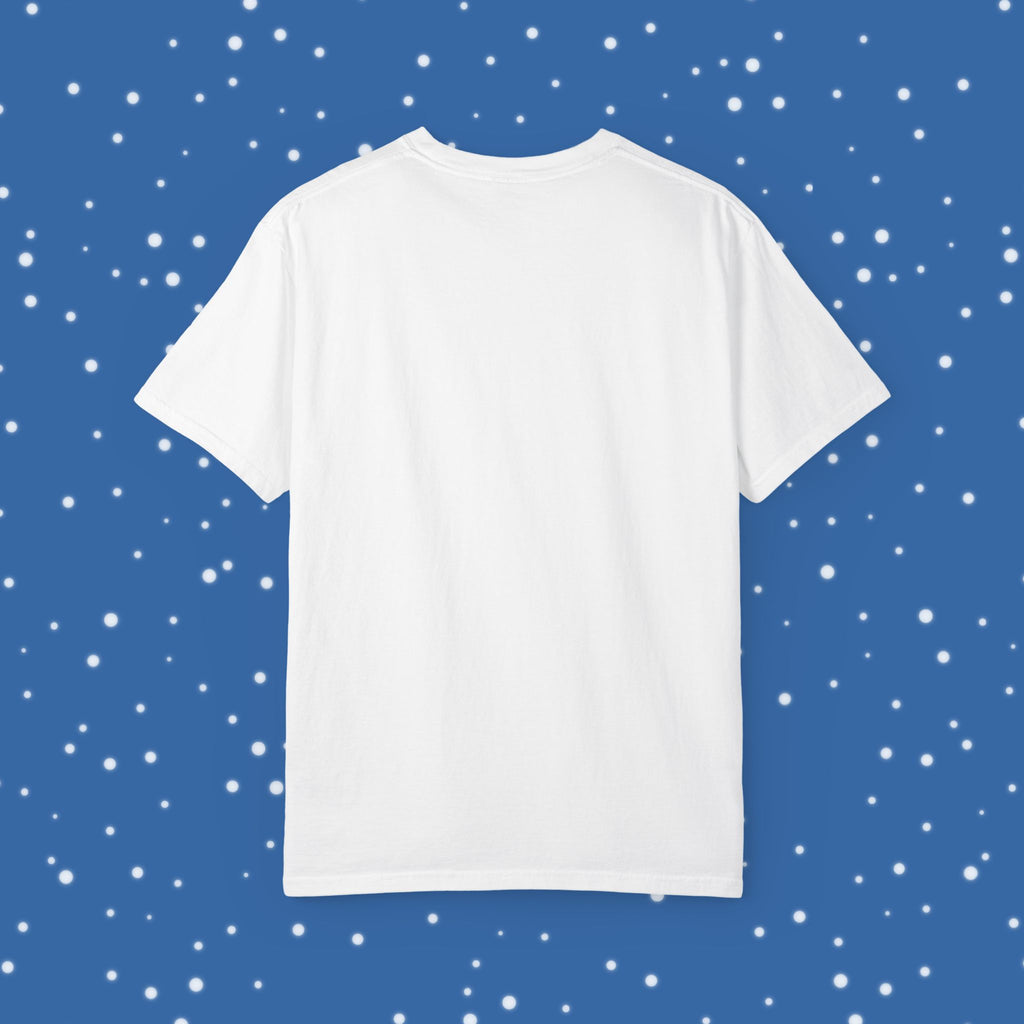 Back of white t-shirt on a blue background with star background
