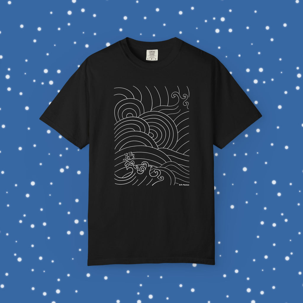 Black t-shirt with wave design on a blue background