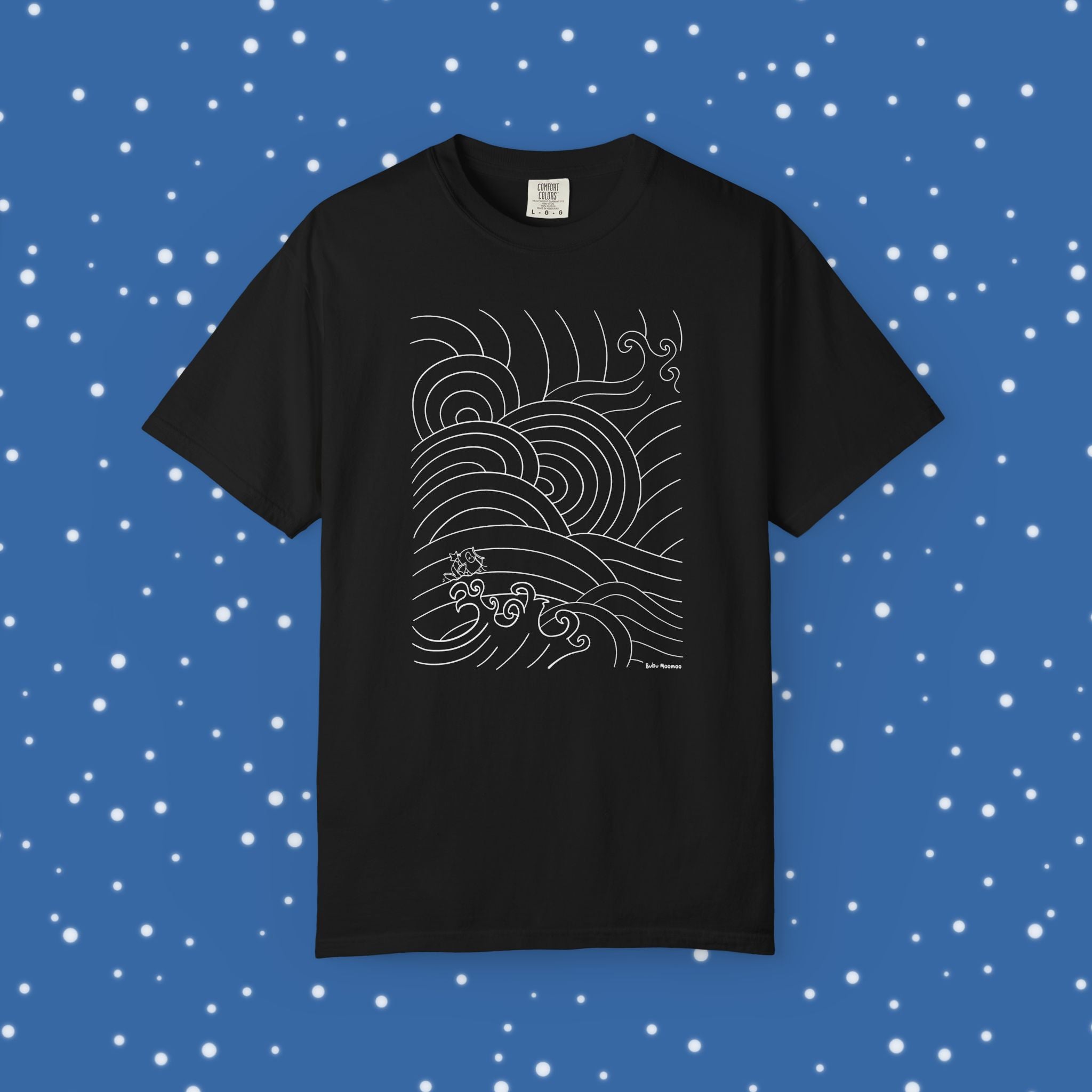 Black t-shirt with wave design on a blue background