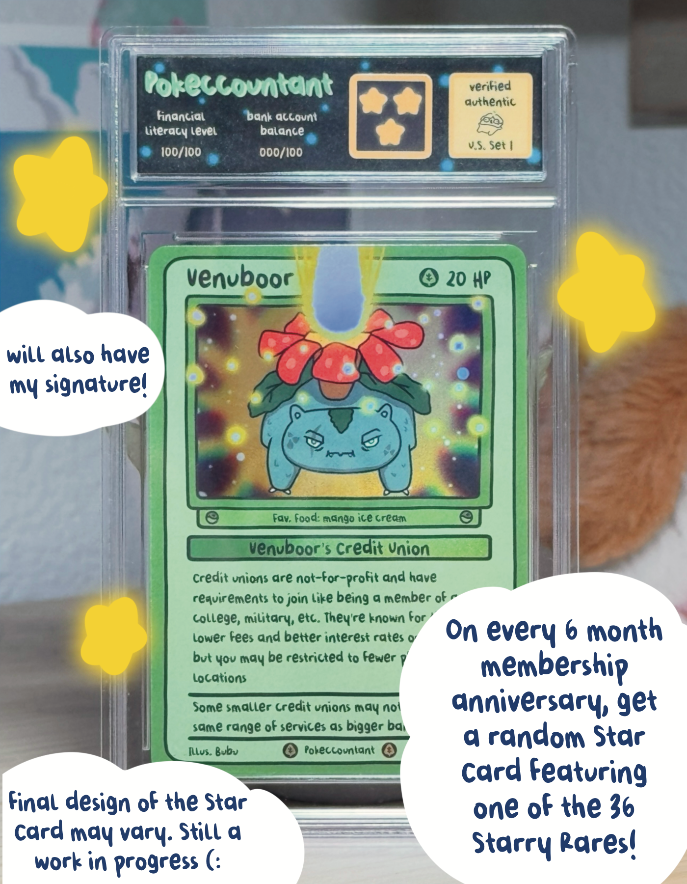 Image showing Pokeccountant Star Card for Venuboor. Text on case displays "Pokeccountant", "Financial literacy level 100/100" , "Bank account balance 000/100", and "Verified Authentic U.S. Set 1". Text on Venuboor card can be found in the guides section of my website in the "Card Descriptions" file. Text on image displays "On every 6 month membership anniversary, get a random Star Card featuring one of the 36 Starry Rares!" and "Final design of Star Card may vary", "will also have my signature".
